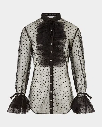 Anne Fontaine Benga Ruffle Dotted Mesh Blouse In Black