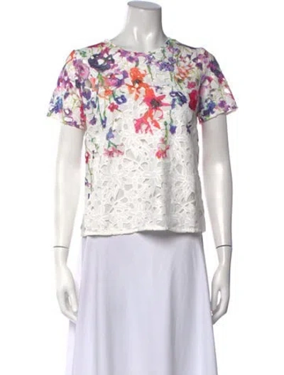 Pre-owned Anne Fontaine Floral Print Crew Neck Blouse In White