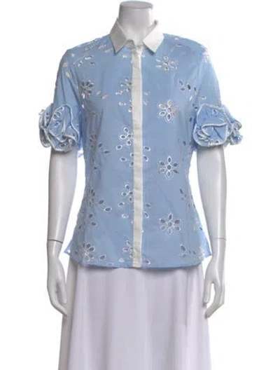 Pre-owned Anne Fontaine Floral Print Short Sleeve Blouse In Blue