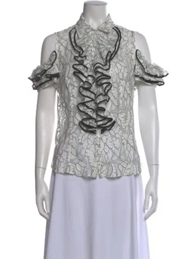 Pre-owned Anne Fontaine Floral Print Short Sleeve Blouse In White
