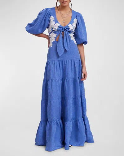 Anne Fontaine Gaelle Embroidered Cutout Tiered Maxi Dress In Denim Blue