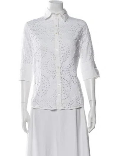 Pre-owned Anne Fontaine Graphic Print Three-quarter Sleeve Button-up Top In White