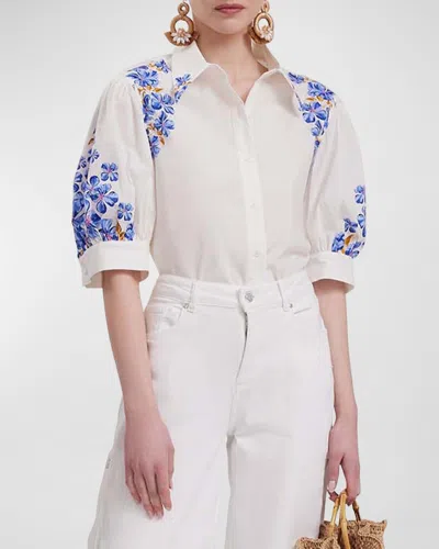 Anne Fontaine Heloise Puff-sleeve Floral-print Poplin Shirt In White