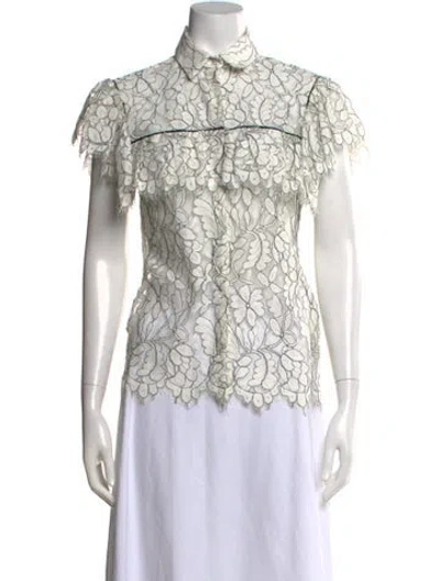 Pre-owned Anne Fontaine Lace Pattern Short Sleeve Blouse In White