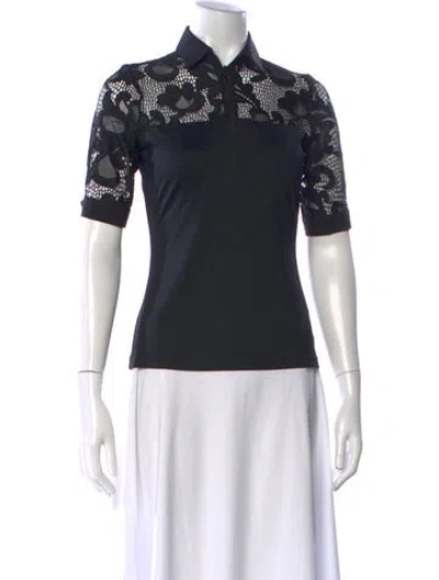 Pre-owned Anne Fontaine Lace Pattern Short Sleeve Polo In Black
