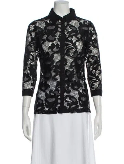 Pre-owned Anne Fontaine Lace Pattern Three-quarter Sleeve Blouse In Black