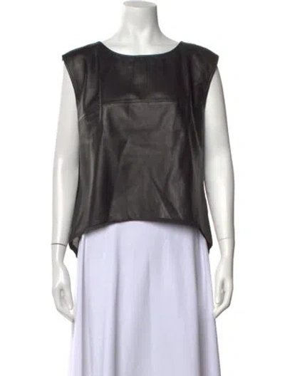 Pre-owned Anne Fontaine Lamb Leather Crew Neck Top In Black