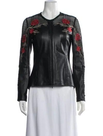 Pre-owned Anne Fontaine Leather Floral Print Jacket In Black