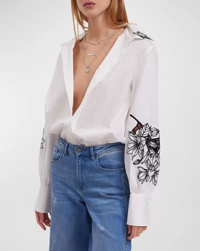 Anne Fontaine Leonie Floral-embroidered Cotton Poplin Shirt In White