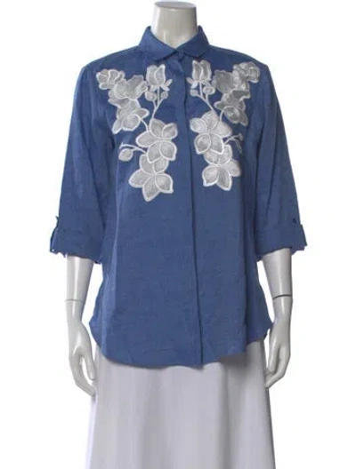 Pre-owned Anne Fontaine Linen Floral Print Blouse In Blue
