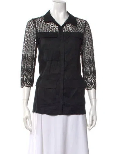 Pre-owned Anne Fontaine Linen Lace Pattern Blouse In Black