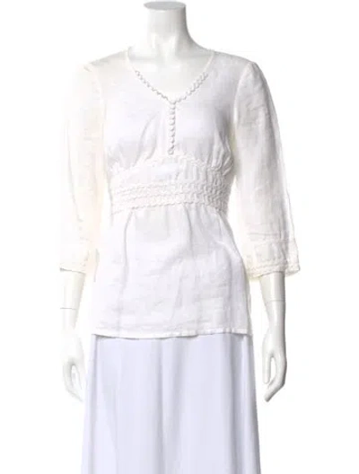 Pre-owned Anne Fontaine Linen V-neck Blouse In White
