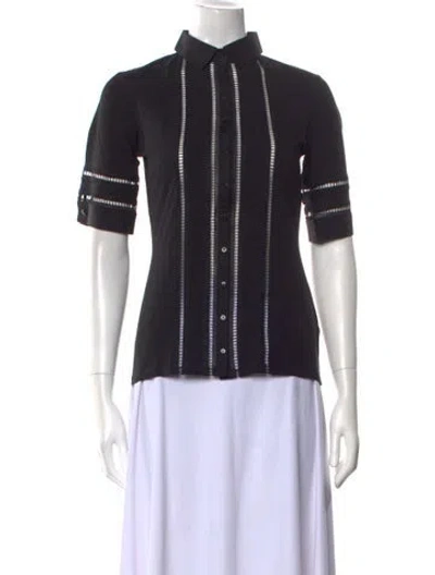 Pre-owned Anne Fontaine Mock Neck Short Sleeve Button-up Top In Black
