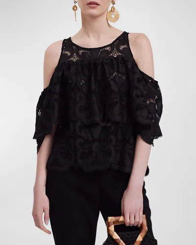 Anne Fontaine Monique Cold-shoulder Ruffle Sheer Lace Blouse In Black