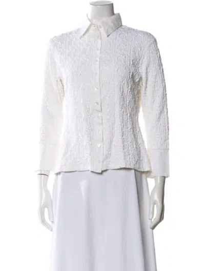 Pre-owned Anne Fontaine Patterned Three-quarter Sleeve Button-up Top In White