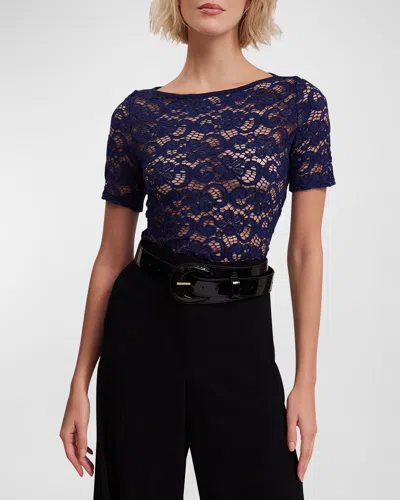 Anne Fontaine Portrait Boatneck Floral Lace T-shirt In Dark Navy