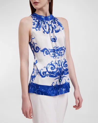 Anne Fontaine Prado Arabesque Silk Halter Top In Denim Blue