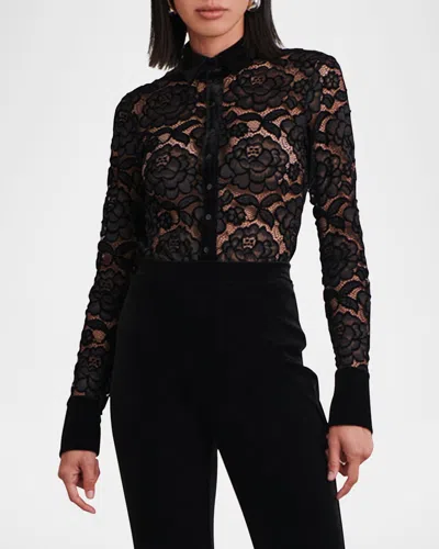 Anne Fontaine Salinger Embroidered Net And Velvet Shirt In Black