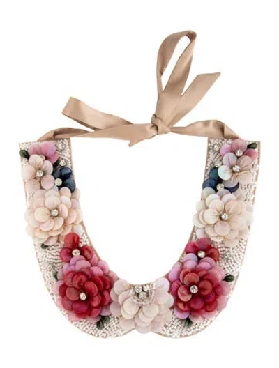 Pre-owned Anne Fontaine Satin, Silk, Crystal, Bead, & Mesh Floral Rose Collar Necklace, 15" In Blue/clear/green