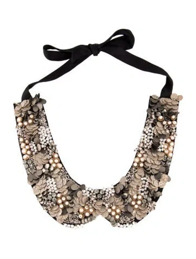 Pre-owned Anne Fontaine Sequins, Fabric, Crystal & Faux Pearl Bib Collar Necklace, 42" In Black