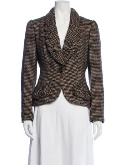 Pre-owned Anne Fontaine Virgin Wool Houndstooth Print Blazer In Brown