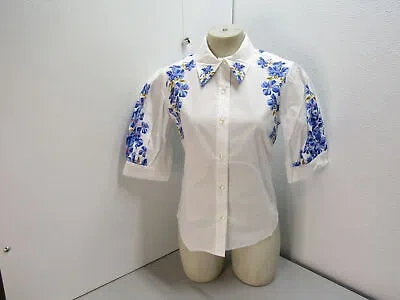 Pre-owned Anne Fontaine Womens Heloise Poplin Shirt 3/4 Size Xs Sleeves White Blue Floral In White/with Blue