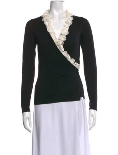 Pre-owned Anne Fontaine Wool V-neck Blouse In Black/white