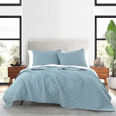 Anne Klein 100% Cotton Diamond 3-piece Quilt Set In Blue