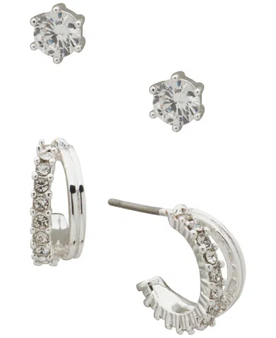 Anne Klein 2-pc. Cubic Zirconia Silver-tone Round And Baguette Earrings Set In Metallic