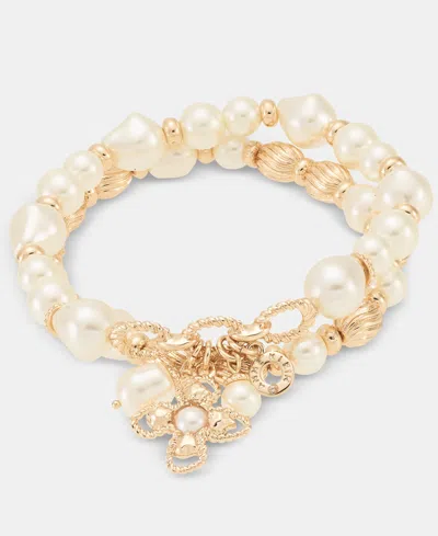 Anne Klein 2-pc. Set Imitation Pearl Flower Charm Beaded Stretch Bracelets In Metallic