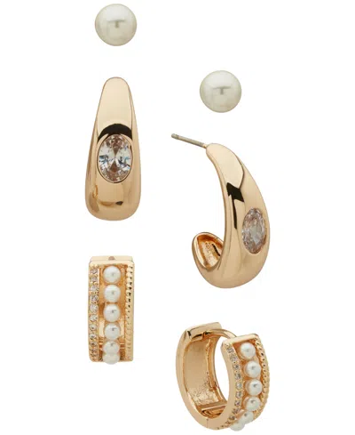 Anne Klein 3-pc. Cubic Zirconia And Imitation Pearl Gold-tone Round And Baguette Earrings Set In Multi