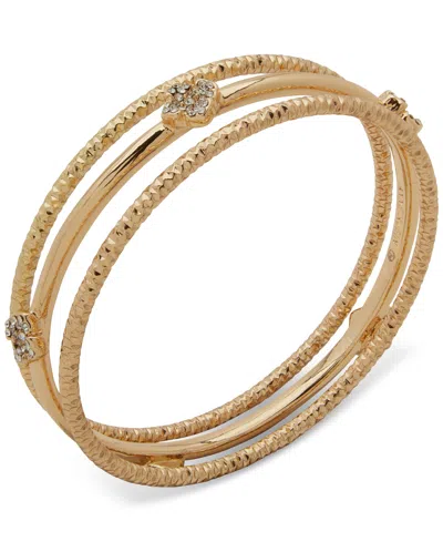 Anne Klein 3-pc. Set Crystal Floral-motif Bangle Bracelets In Gold