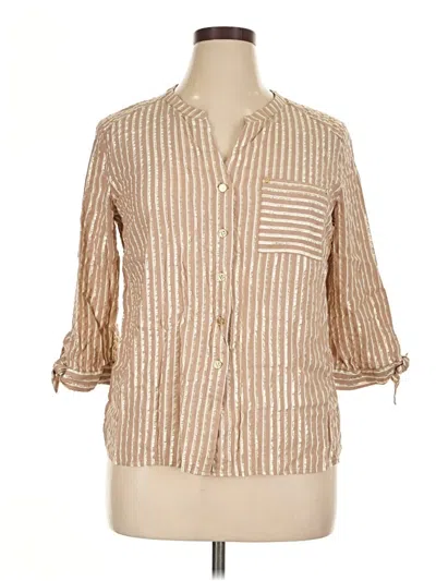 Pre-owned Anne Klein 3/4 Sleeve Button Down Shirt In Tan