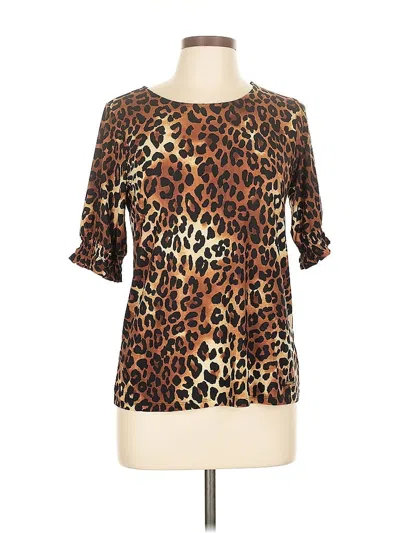Pre-owned Anne Klein 3/4 Sleeve Top Brown Animal Print Pattern Keyhole Neckline Tops