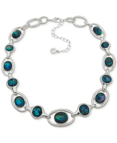 Anne Klein Abalone Silver-tone Openwork Linked Necklace In Blue