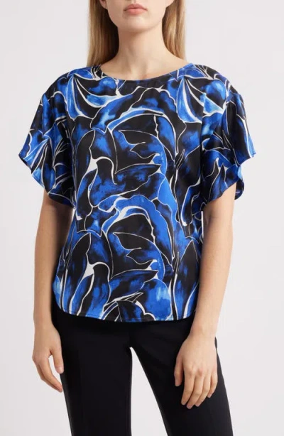 Anne Klein Abstract Floral Flutter Sleeve Top In Santorini Blue Multi