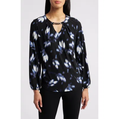 Anne Klein Abstract Print Chain Pleat Neck Top In Midnight Dusk