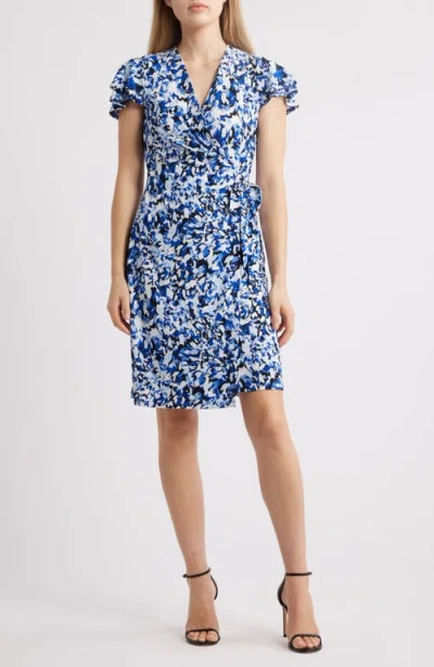 Anne Klein Abstract Print Flutter Sleeve Wrap Dress In Anne Black Multi