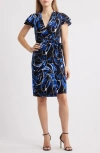 Anne Klein Abstract Print Flutter Sleeve Wrap Dress In Santorini Blue Multi