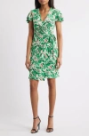Anne Klein Abstract Print Flutter Sleeve Wrap Dress In White