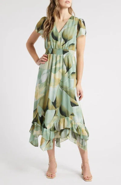 Anne Klein Abstract Print Handkerchief Hem Chiffon Dress In Green