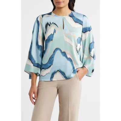 Anne Klein Abstract Print Keyhole Front Angel Sleeve Top In Blue