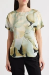 Anne Klein Petite Floral-print Curved-hem Bateau-neck Blouse In Green