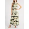 Anne Klein Abstract Print Sleeveless Tiered Maxi Dress In White