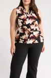 Anne Klein Abstract Print Triple Pleat Sleeveless Top In Black
