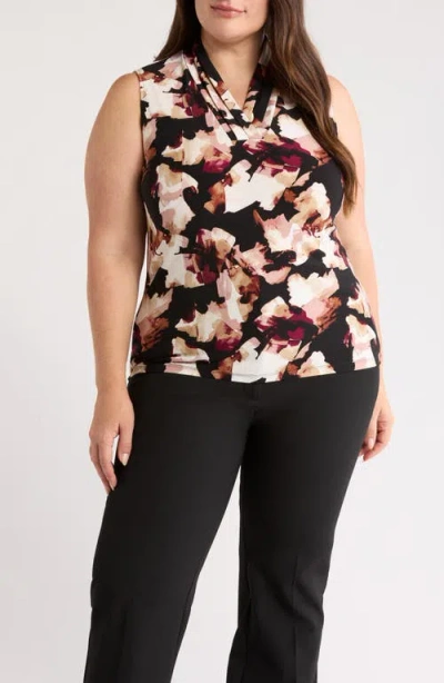 Anne Klein Abstract Print Triple Pleat Sleeveless Top In Black