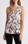 Anne Klein Plus Size Printed Triple-pleat V-neck Top In Pink Blush Multi