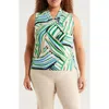 Anne Klein Abstract Print Triple Pleat Sleeveless Top In Green