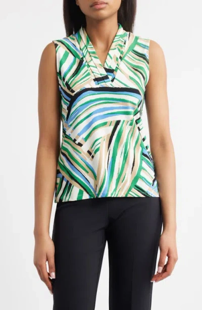 Anne Klein Abstract Print Triple Pleat Sleeveless Top In Green