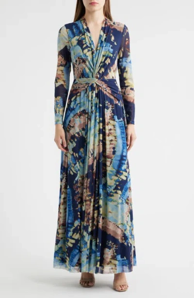 Anne Klein Abstract Print Twist Front Long Sleeve Mesh Maxi Dress